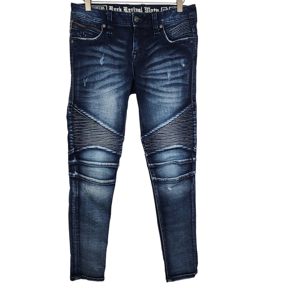 ROCK REVIVAL Nelrose Moto Jeans Womens 27 Blue Distressed Skinny Denim Zip